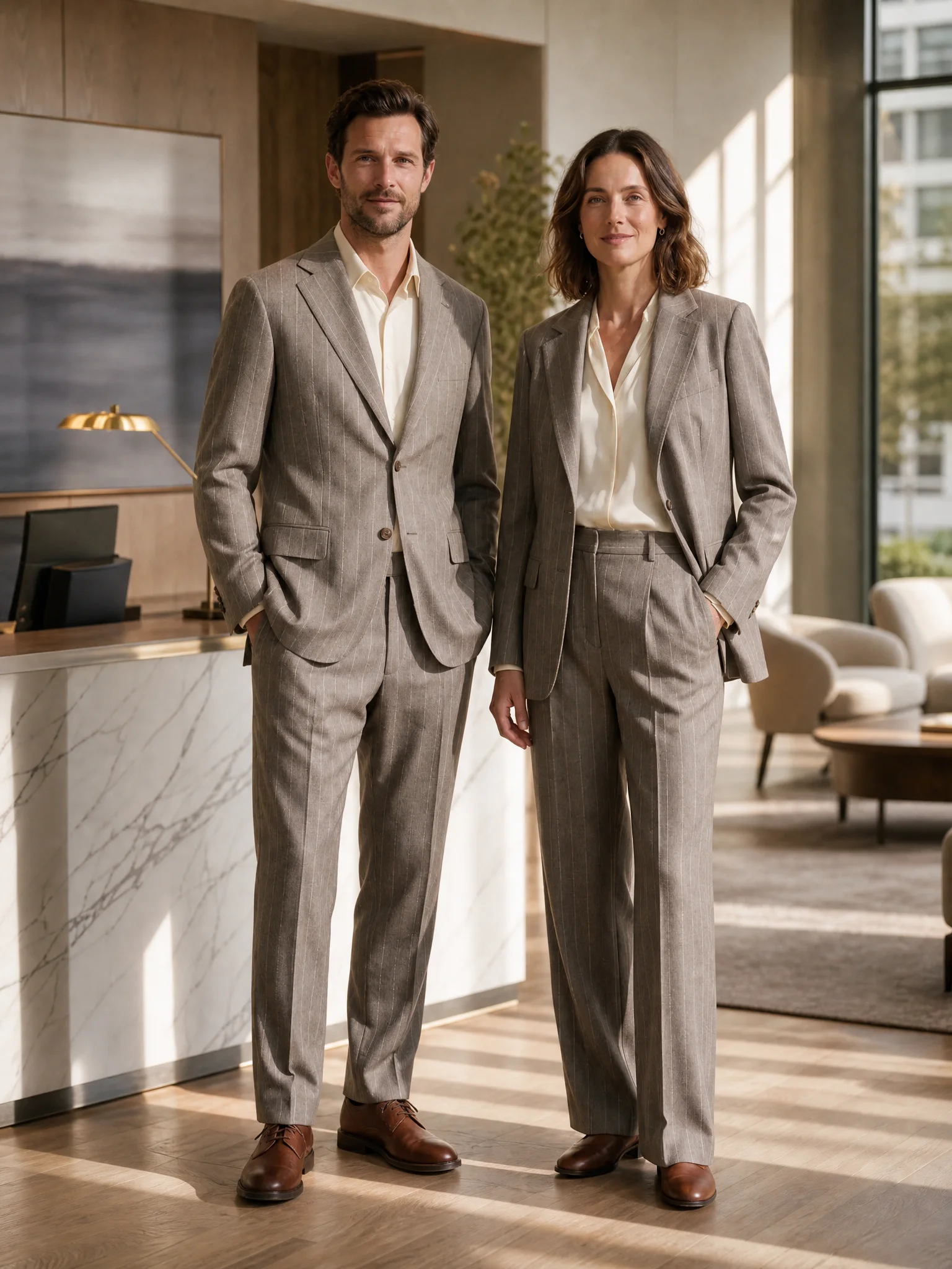 Individual line: suit and trouser suit with fine pinstripe in an earth tone