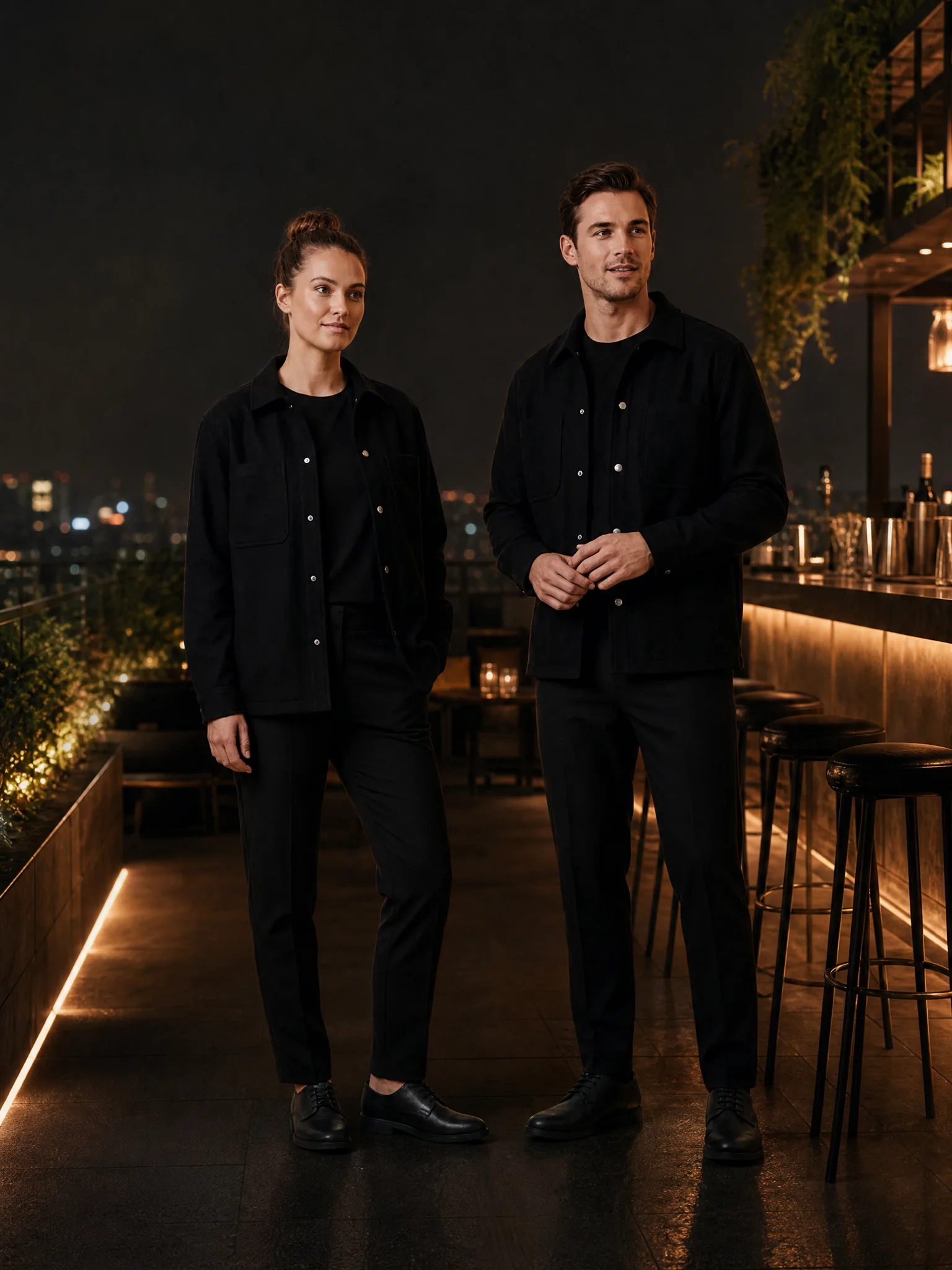 Bar team in black on black: overshirt and trousers in the evening look of an individual line