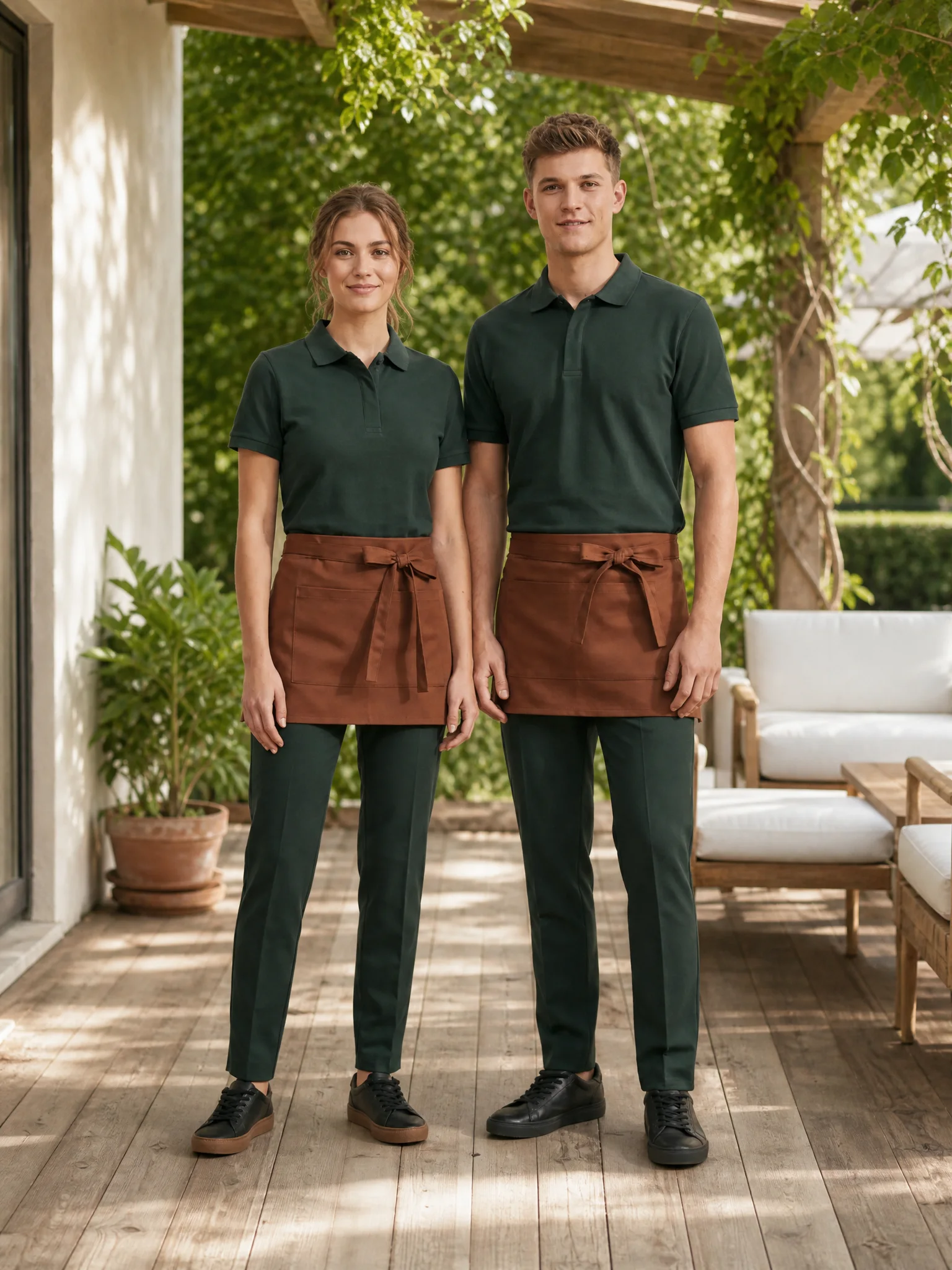Polo and short waist apron in rust for beer garden and summer terrace
