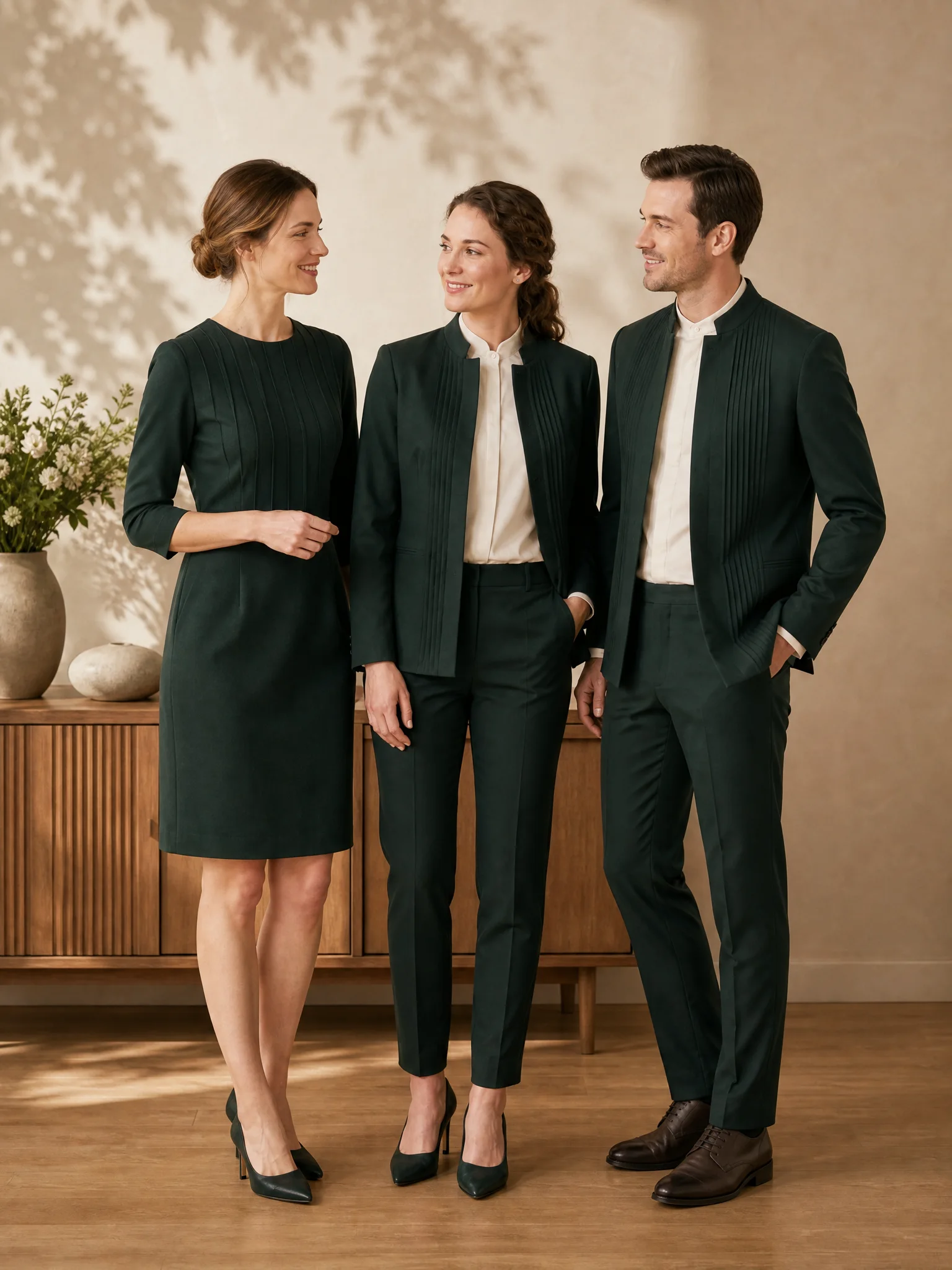 Individual reception line: dress, women&rsquo;s blazer and men&rsquo;s jacket with pintuck front in fir green