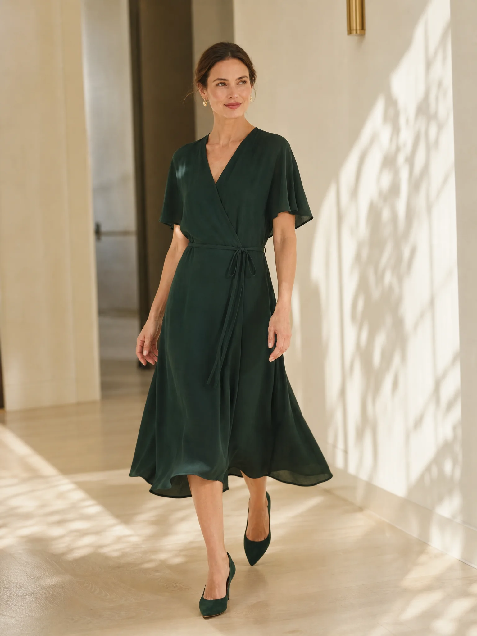 Flowing calf-length wrap dress in fir green for guest relations