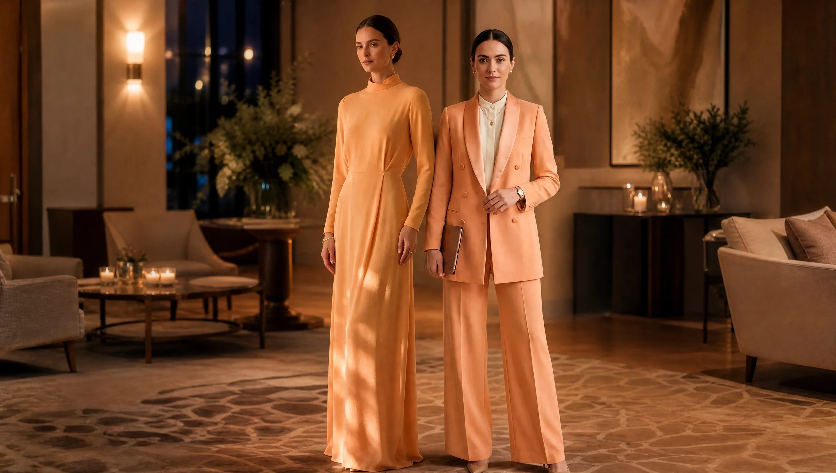 Two women of an individual line: floor-length evening gown in the highlight colour and tuxedo look with blazer and palazzo trousers