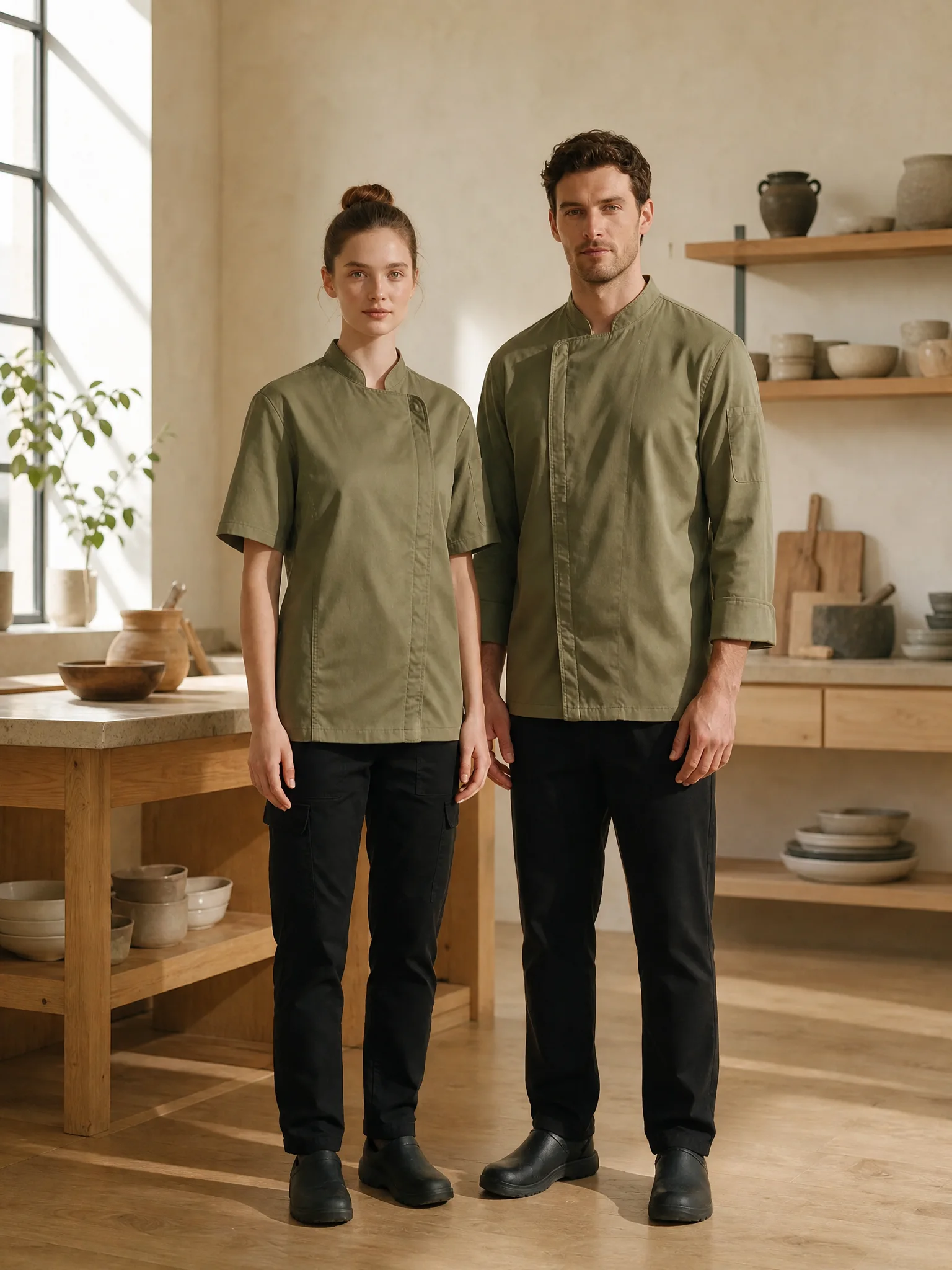 Chef&rsquo;s jackets with stand-up collar and concealed press-stud placket in the house&rsquo;s brand colour