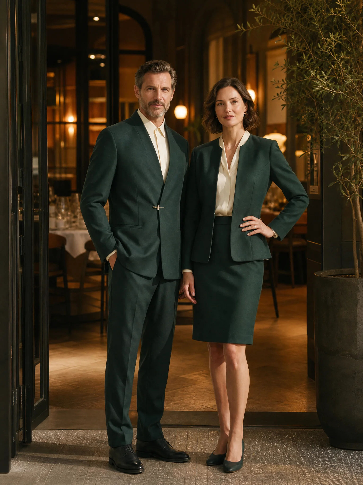 Suit with shawl collar and skirt suit with pencil skirt for restaurant management