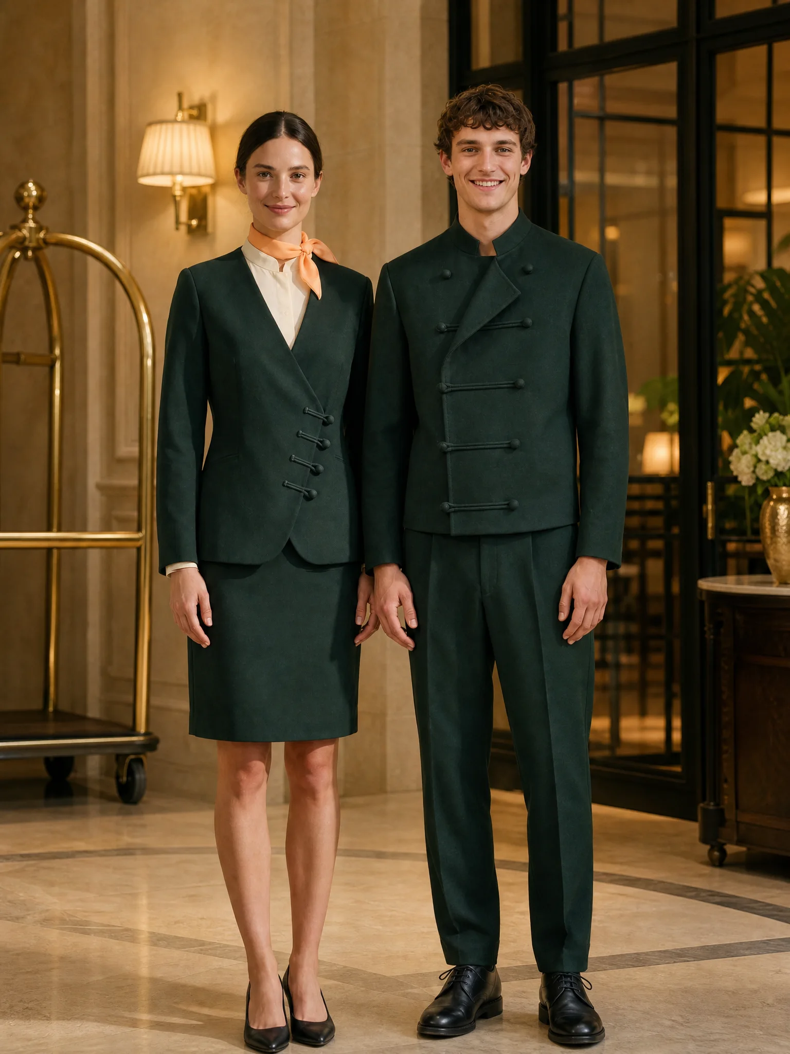 Lobby roles of an individual line: uniform-style short jacket and wrap blazer with silk scarf