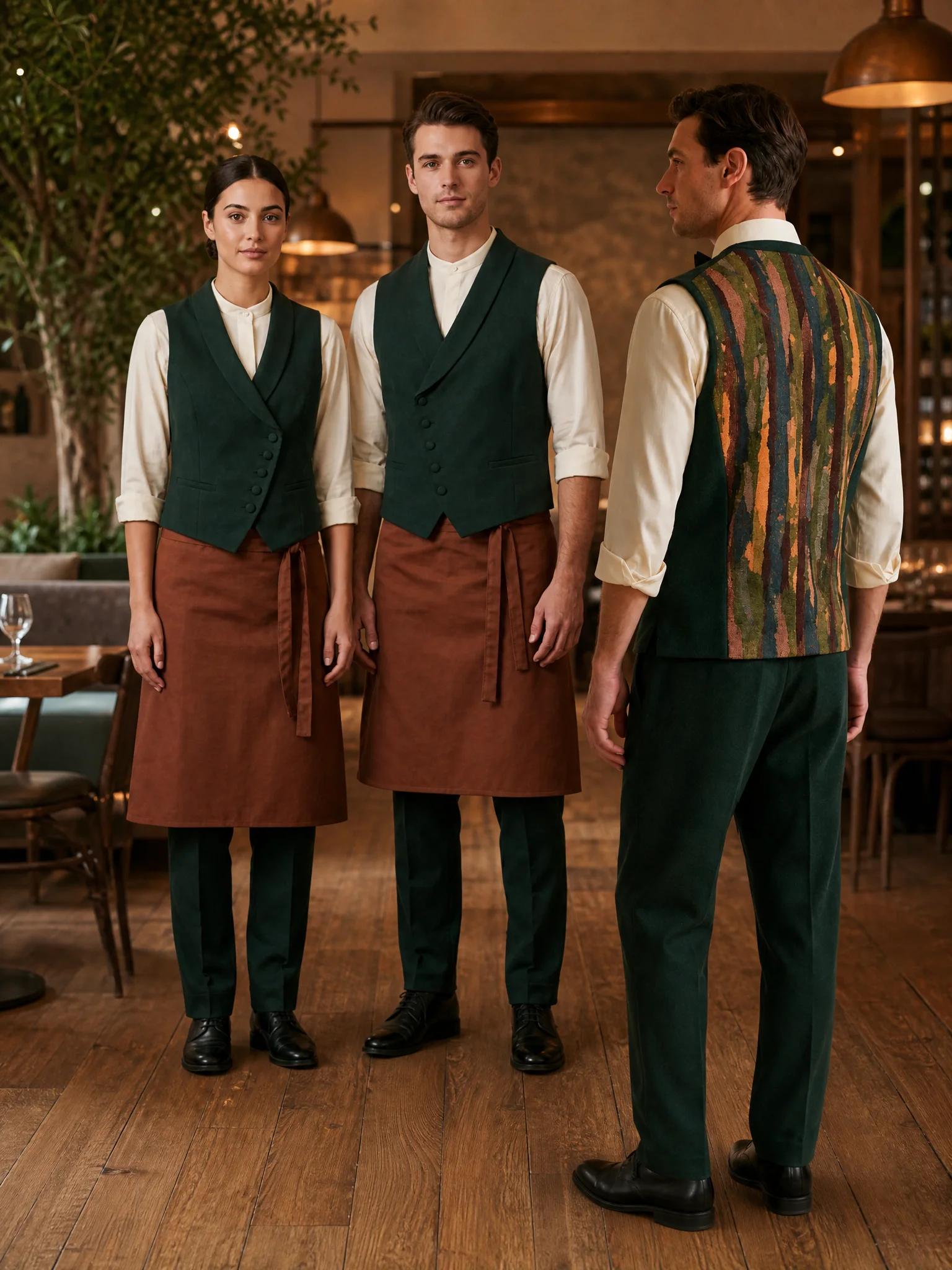 Service waistcoats with wrap front and aprons in rust, plus a back with a woven-in motif