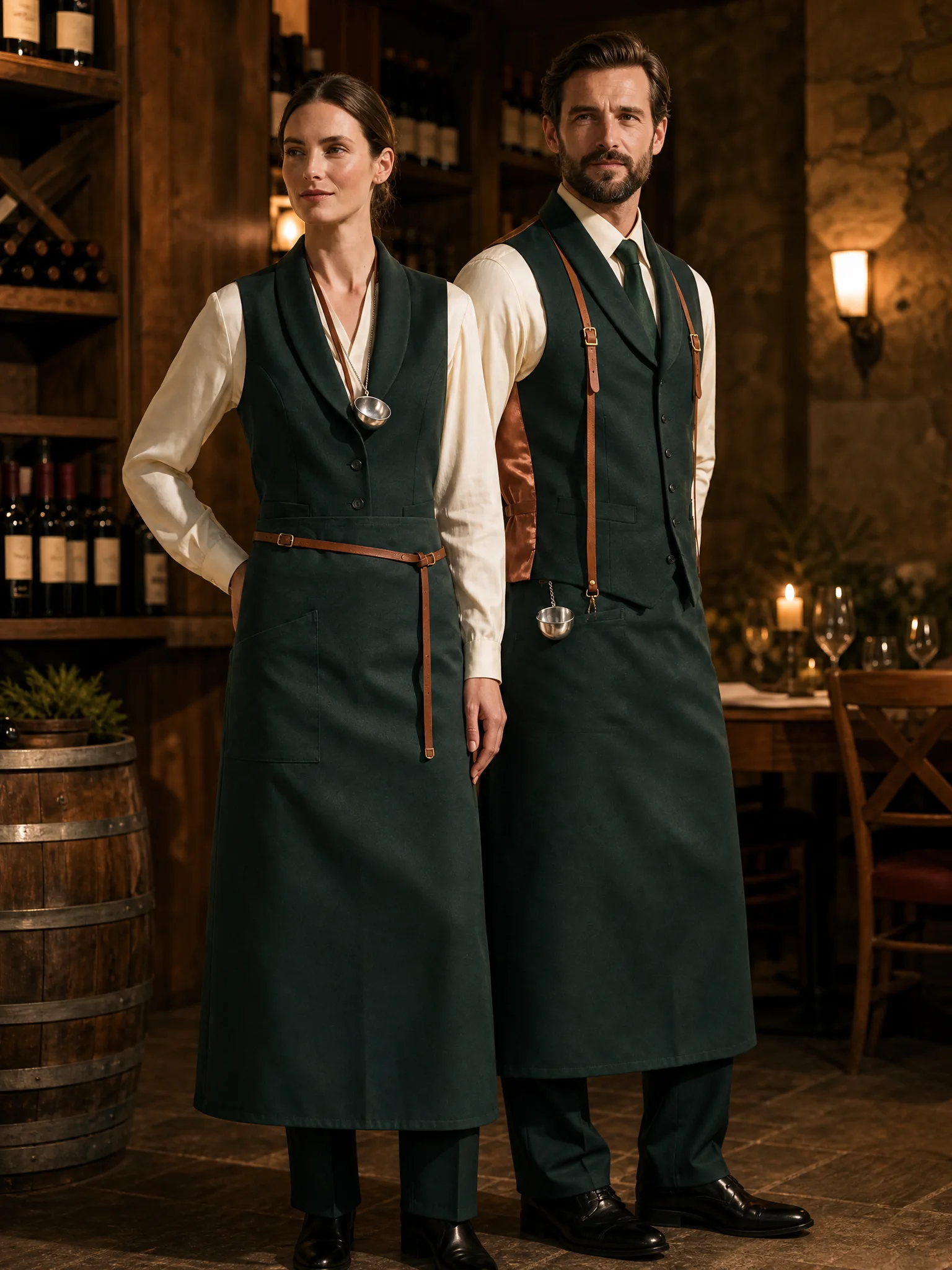 Shawl-collar waistcoat with floor-length apron and leather straps for sommelier and sommeli&egrave;re