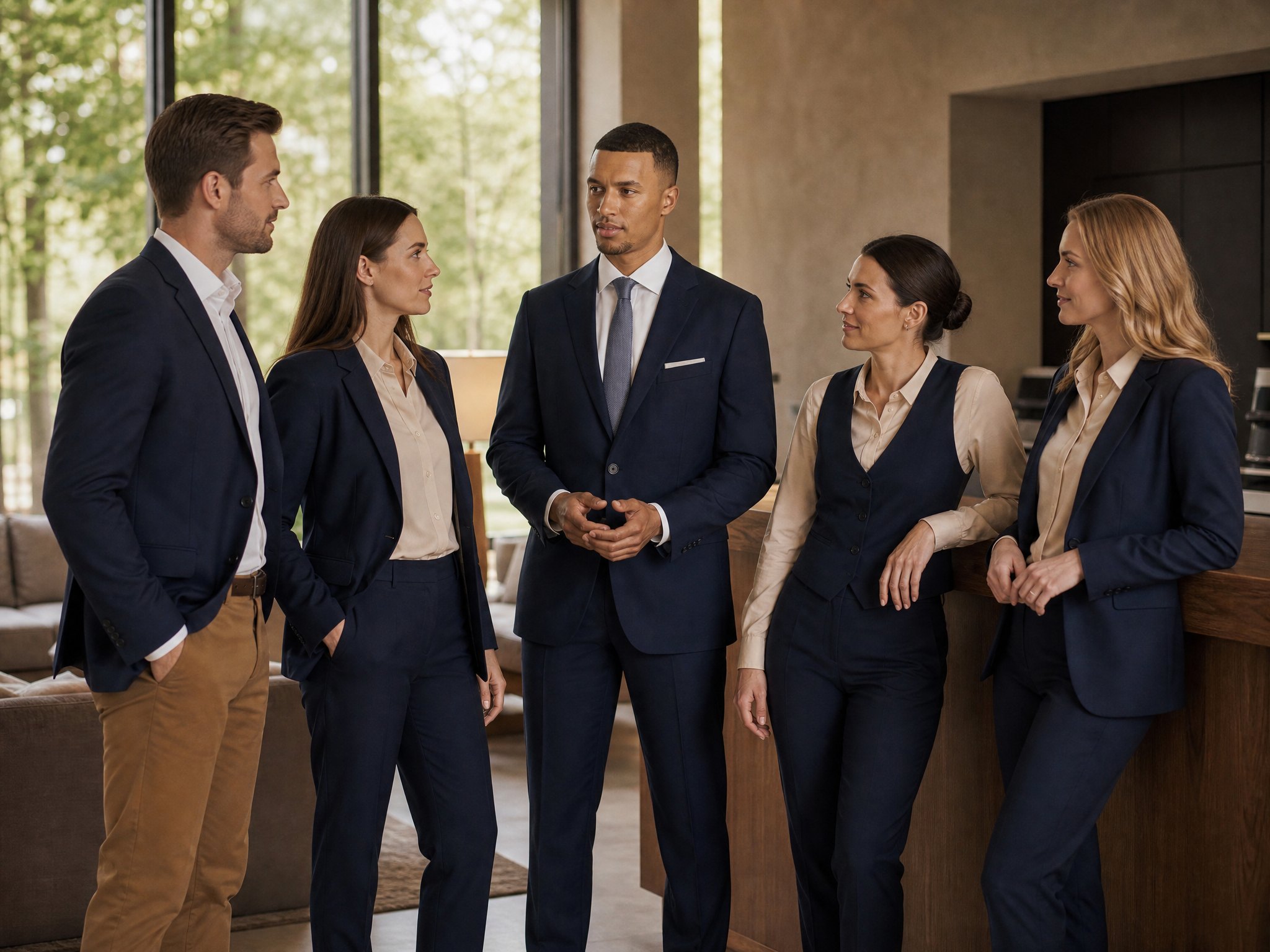 Team in der Everyone-Kollektion von Rompe Design: Marine-Sakkos und -Weste mit hellbeigen Hemden und Chinos in Tan