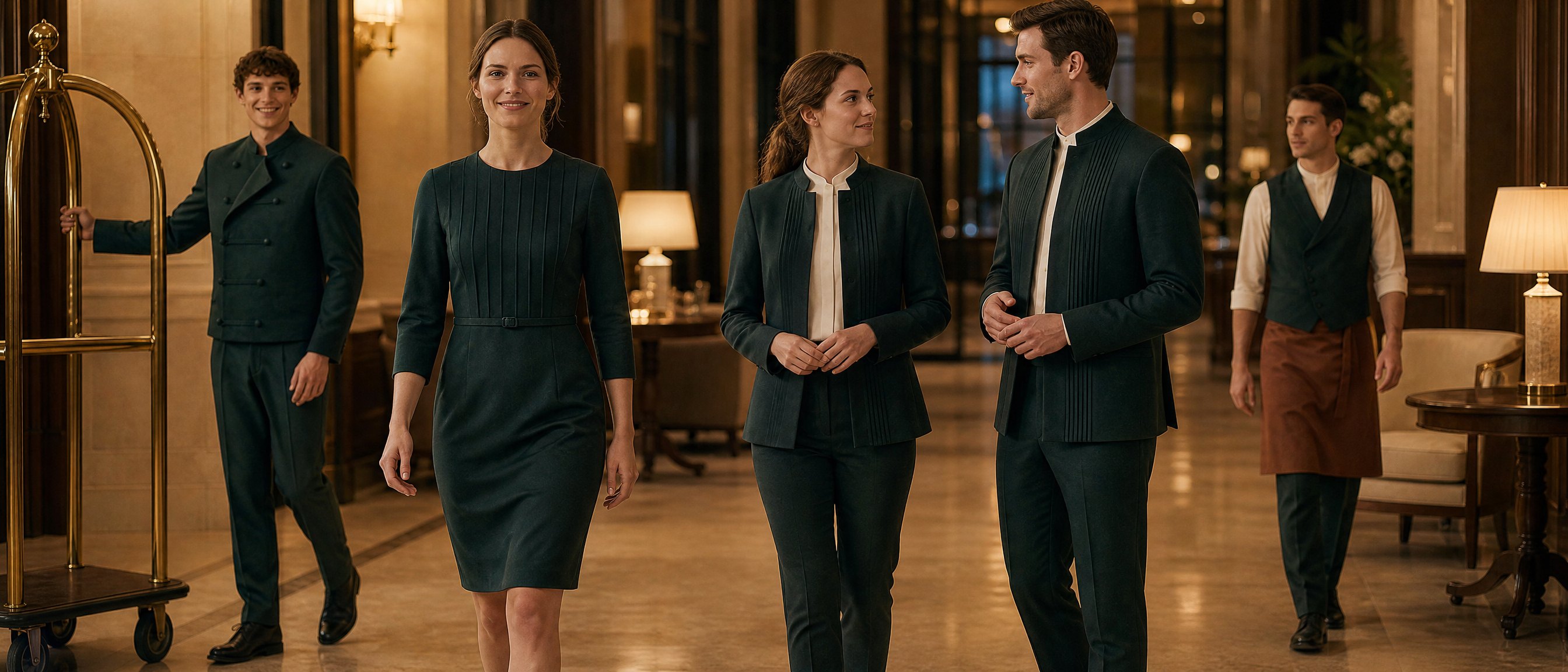 An individually designed line in fir green at dusk: receptionist in a dress, management, bellboy and service staff in a warm hotel lobby