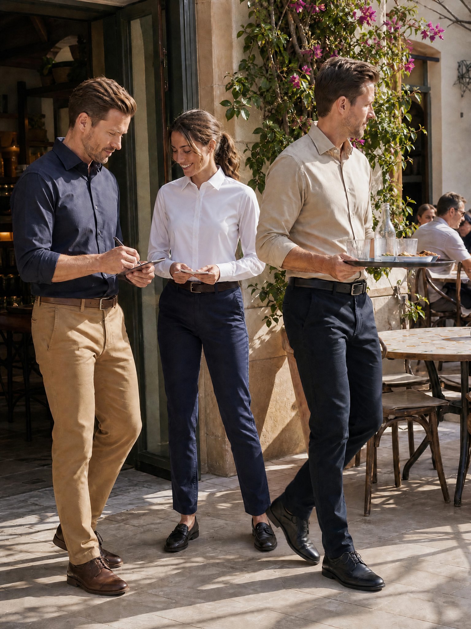 Chinos im Einsatz auf der Café-Terrasse: Herren in Tan und Midnight, Dame in Marine