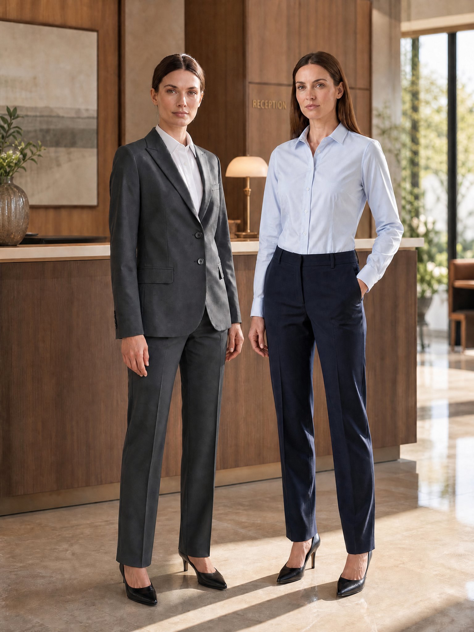 Damenblazer Finchley in Anthrazit und Stretch-Bluse Stanbelle in Hellblau am Empfang