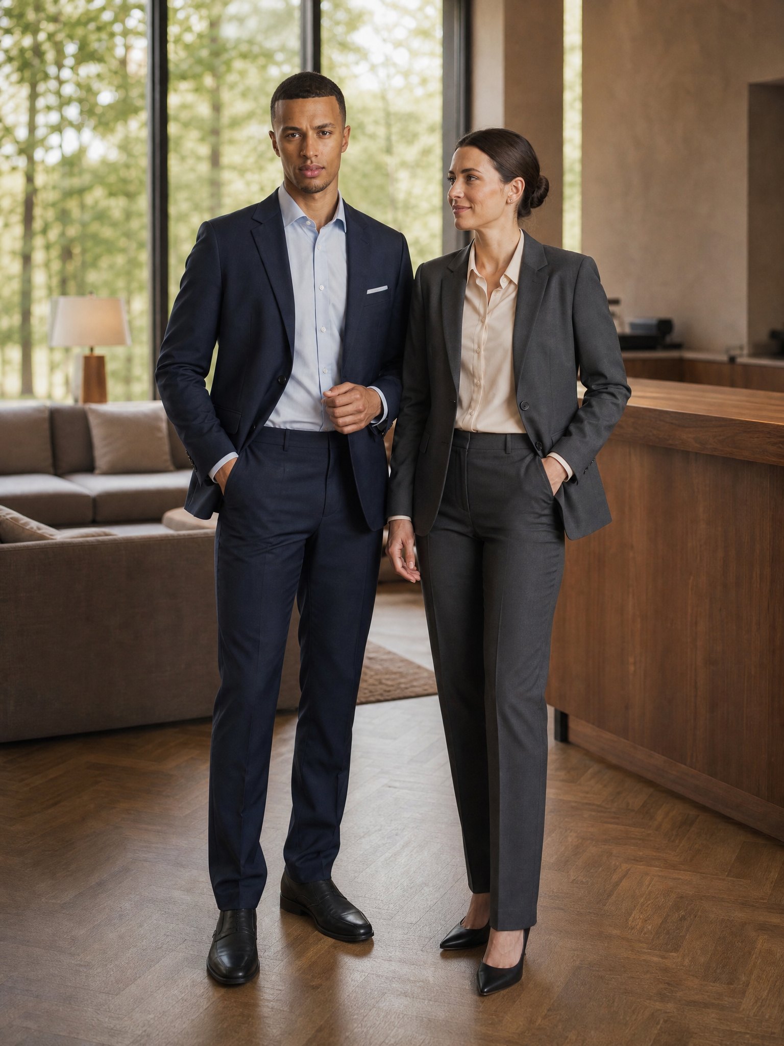 Farbkombinationen der Everyone-Kollektion: Marine-Sakko mit hellblauem Hemd, Anthrazit-Blazer mit beiger Bluse