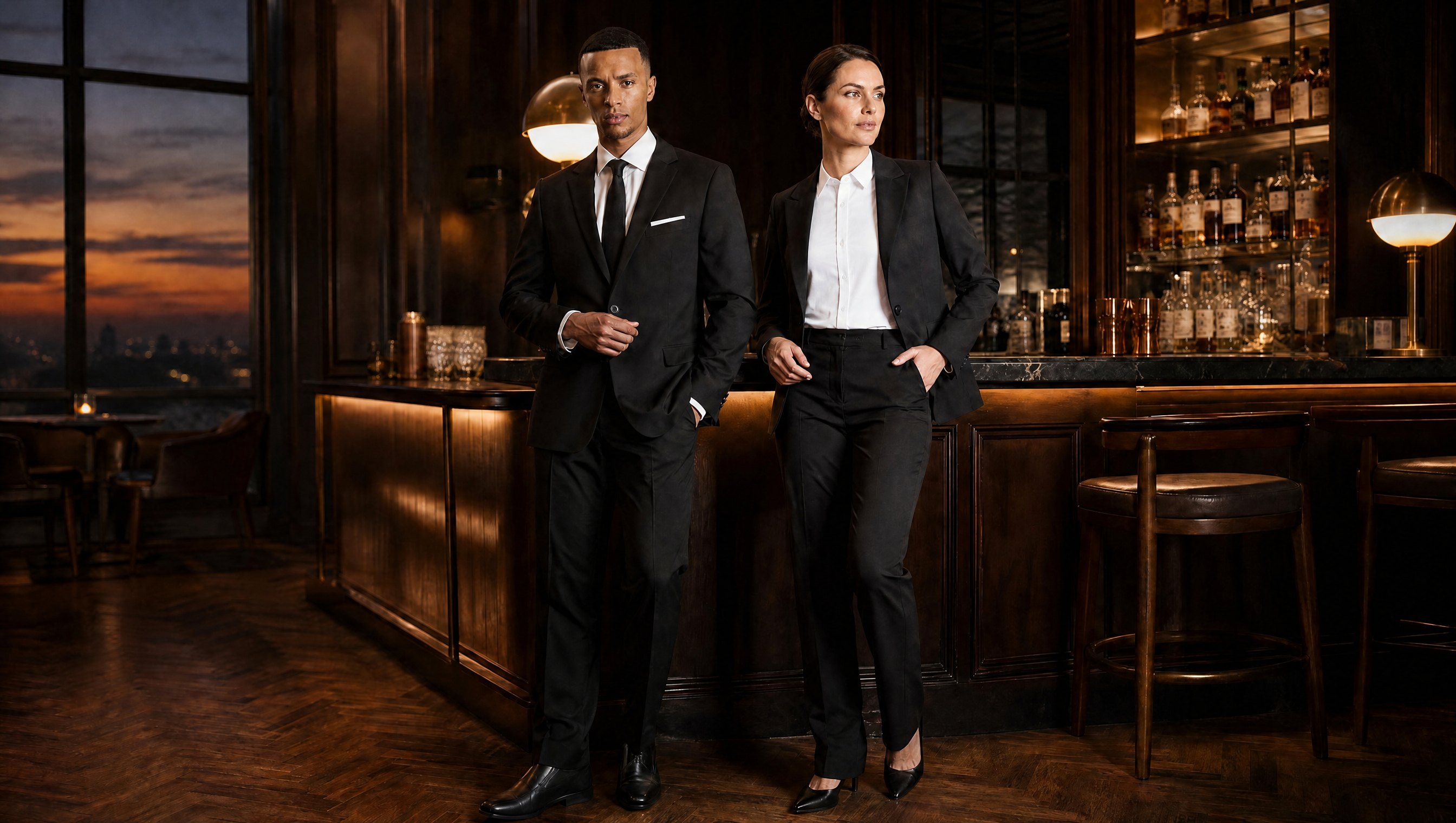 Herr im schwarzen Anzug mit weißem Hemd und Dame im schwarzen Blazer mit weißer Bluse in einer eleganten Hotelbar