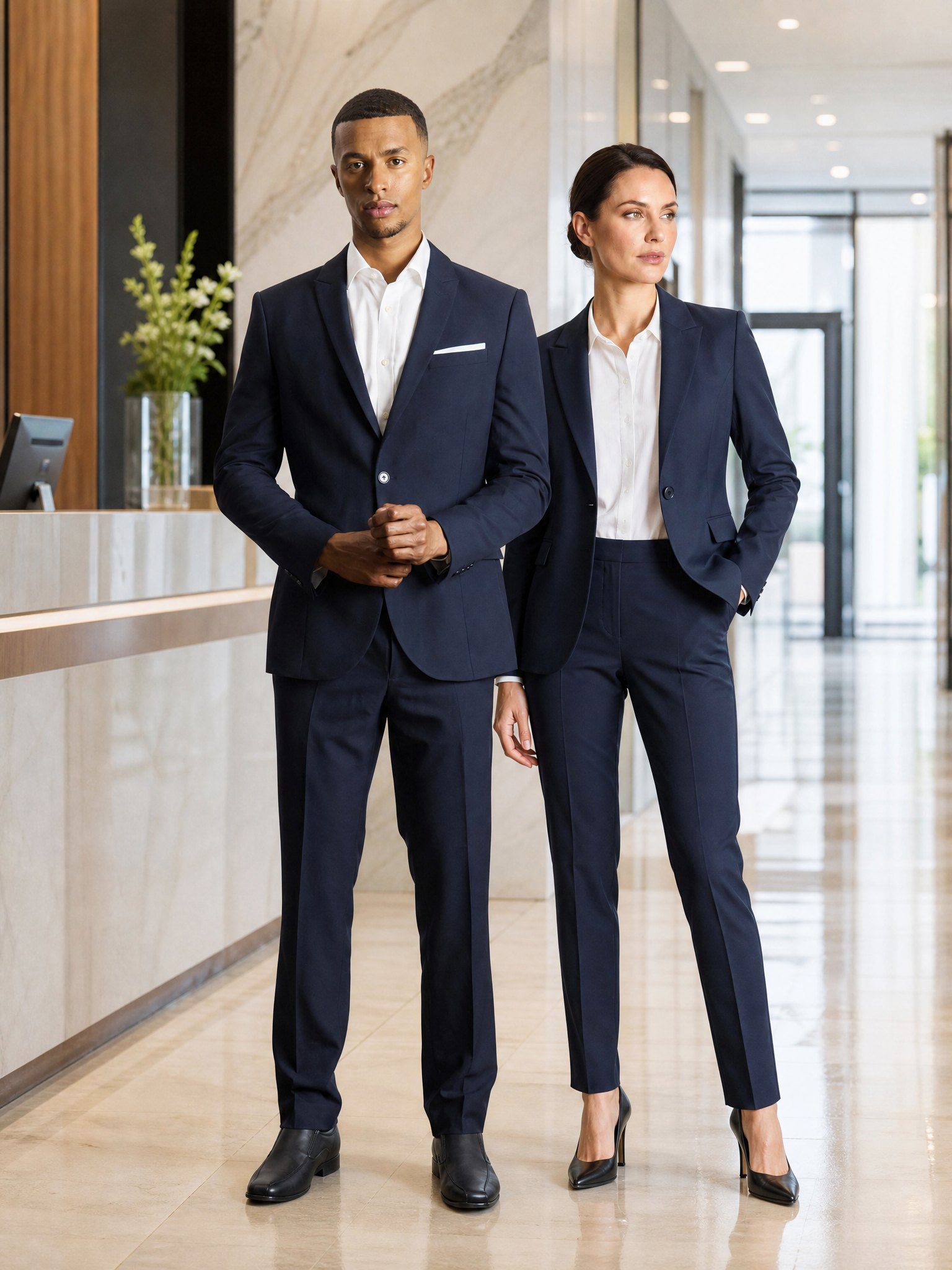 Herr im Slim-Fit-Sakko und Dame im taillierten Blazer, beide in Marine mit weißem Hemd und Bluse