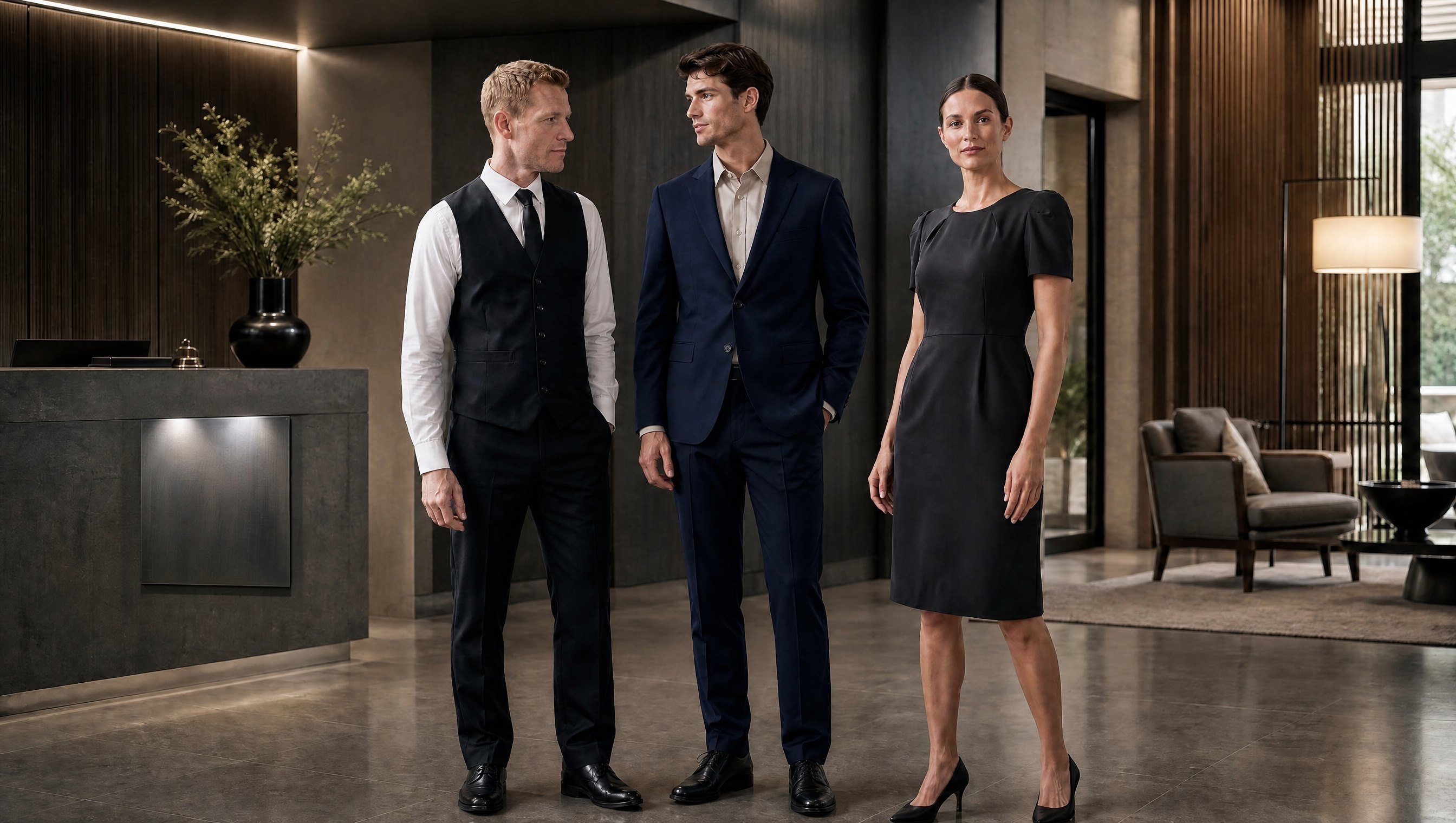 Drei Mitarbeiter in Schwarz, Marine und Anthrazit aus einer Kollektion: Weste, Sakko und Kleid als ein Team