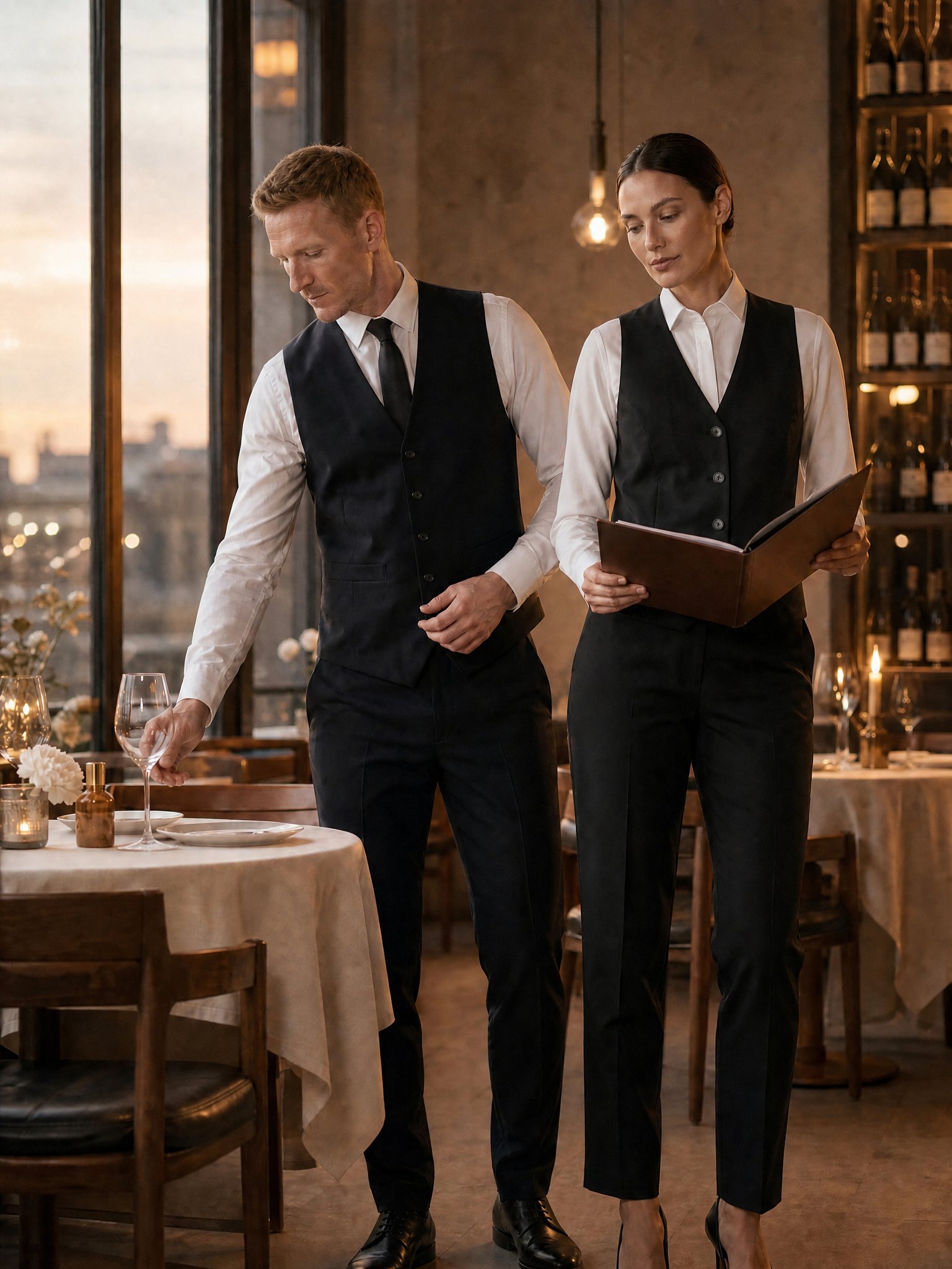 Herrenweste Borough und Damenweste Poplar über weißem Hemd und Bluse beim Service im Restaurant