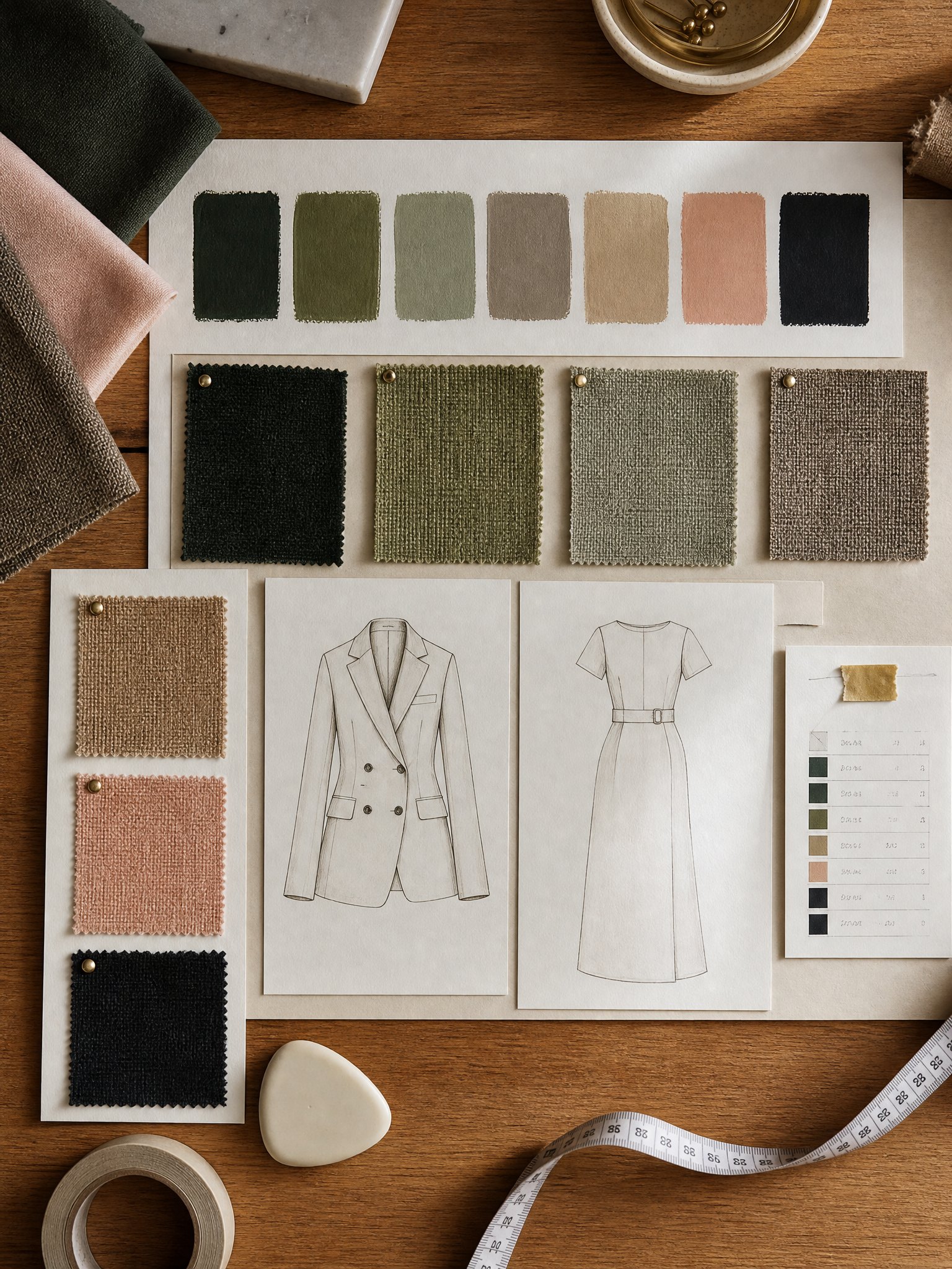 Concept board of an individually designed collection: colour palette, fabric swatches and design sketches on an atelier table