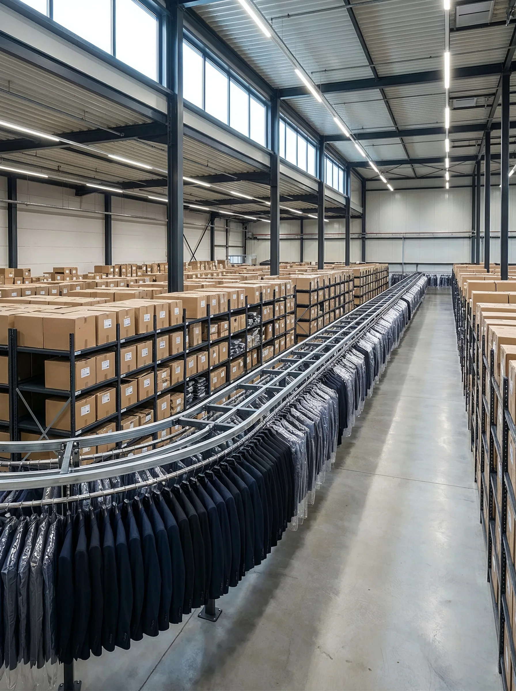 Rompe Design textile logistics centre: garment conveyor with jackets in protective covers, racking aisles with picked boxes behind