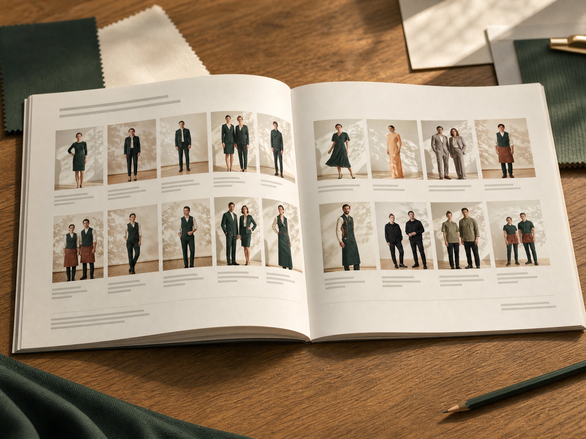 Open collection catalogue from Rompe Design with the palette of an individually designed line on an atelier table