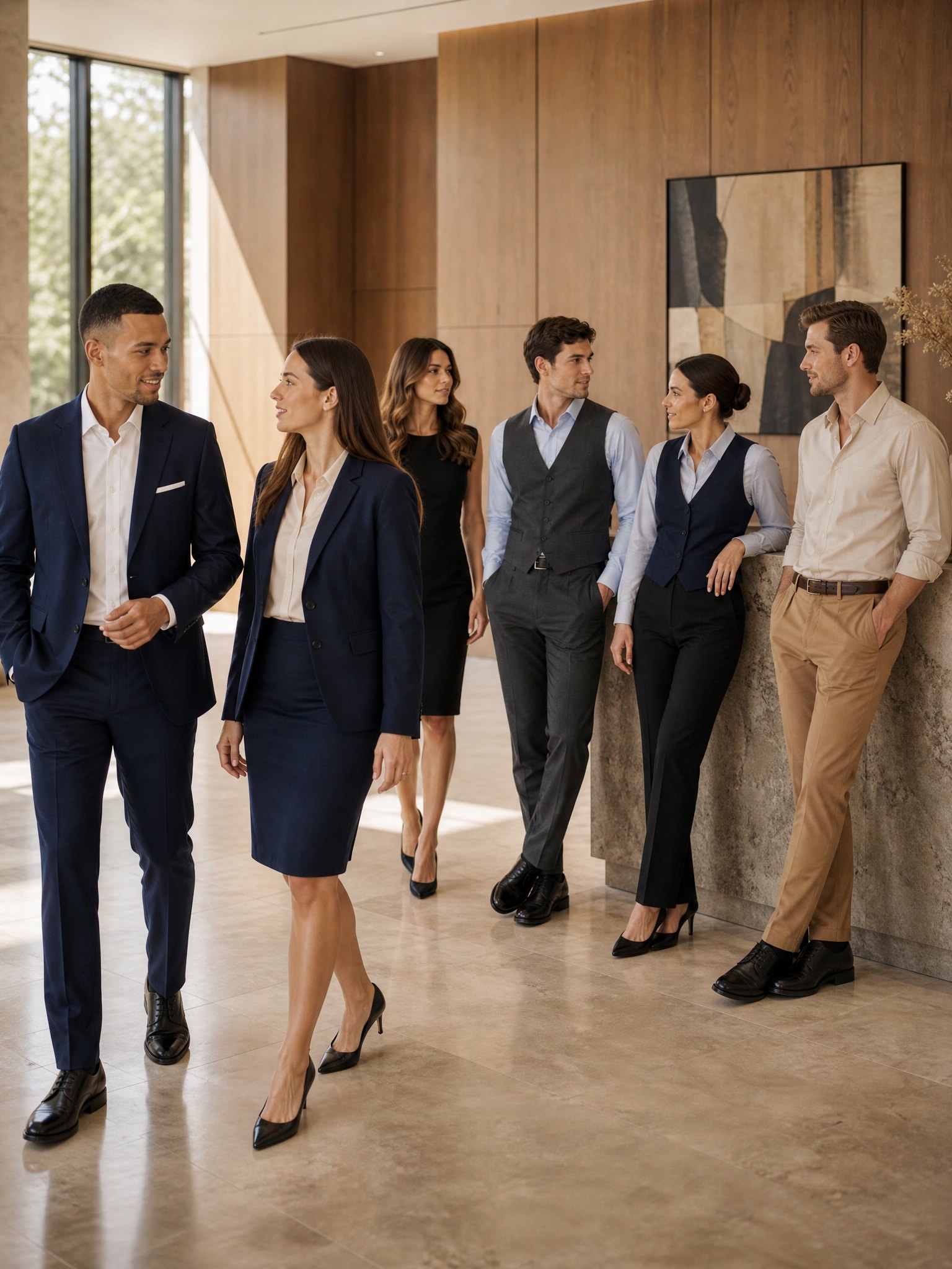 Six people wearing different pieces of the Everyone collection &mdash; jacket, blazer, dress, waistcoat, shirt and blouse forming one coordinated line