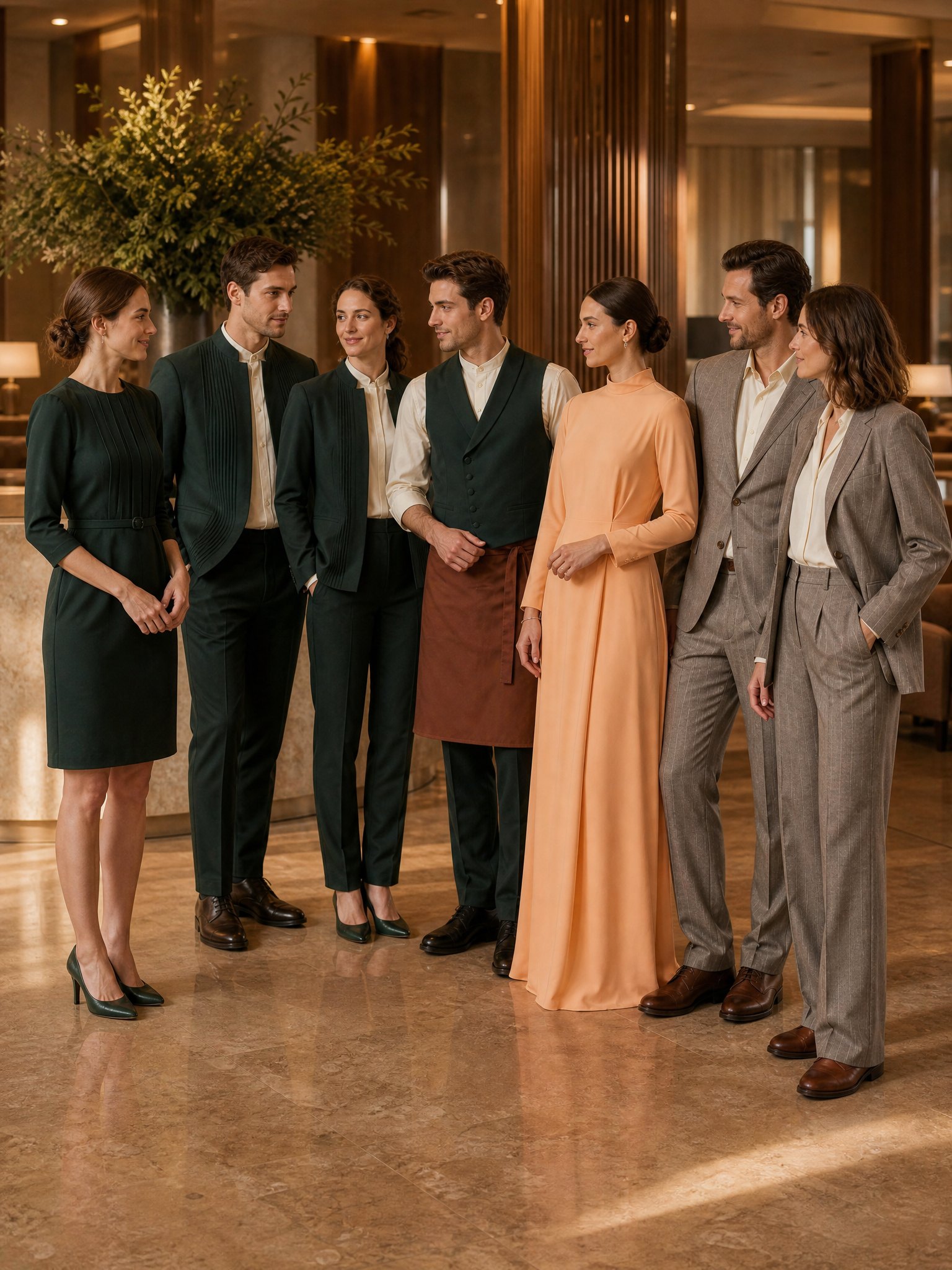 Team wearing an individually designed line: reception and management in fir green, service with rust apron, evening dress in peach and two people in brown pinstripe