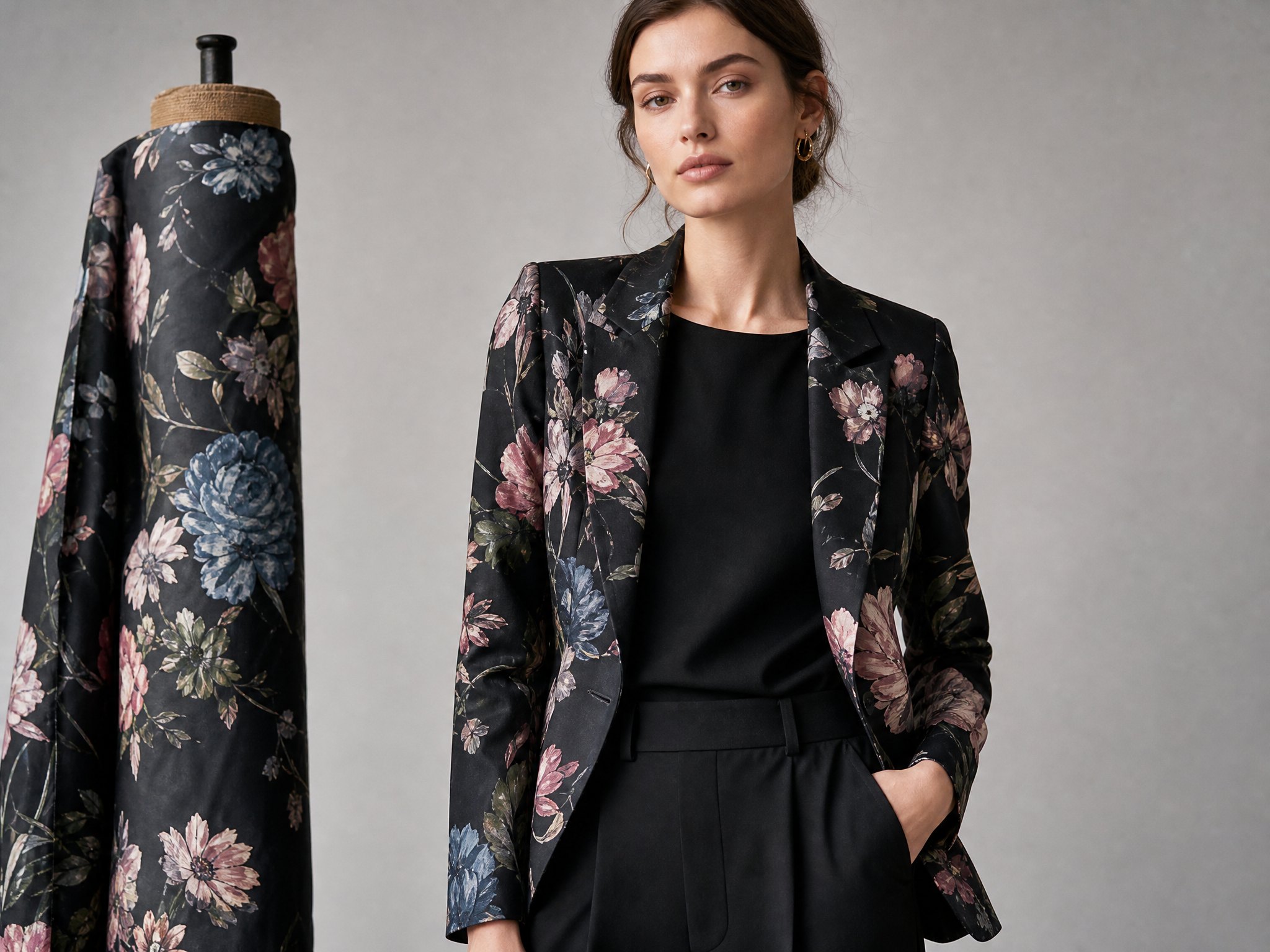 Black blazer with a floral all-over print being worn, next to it the specially designed fabric on the roll
