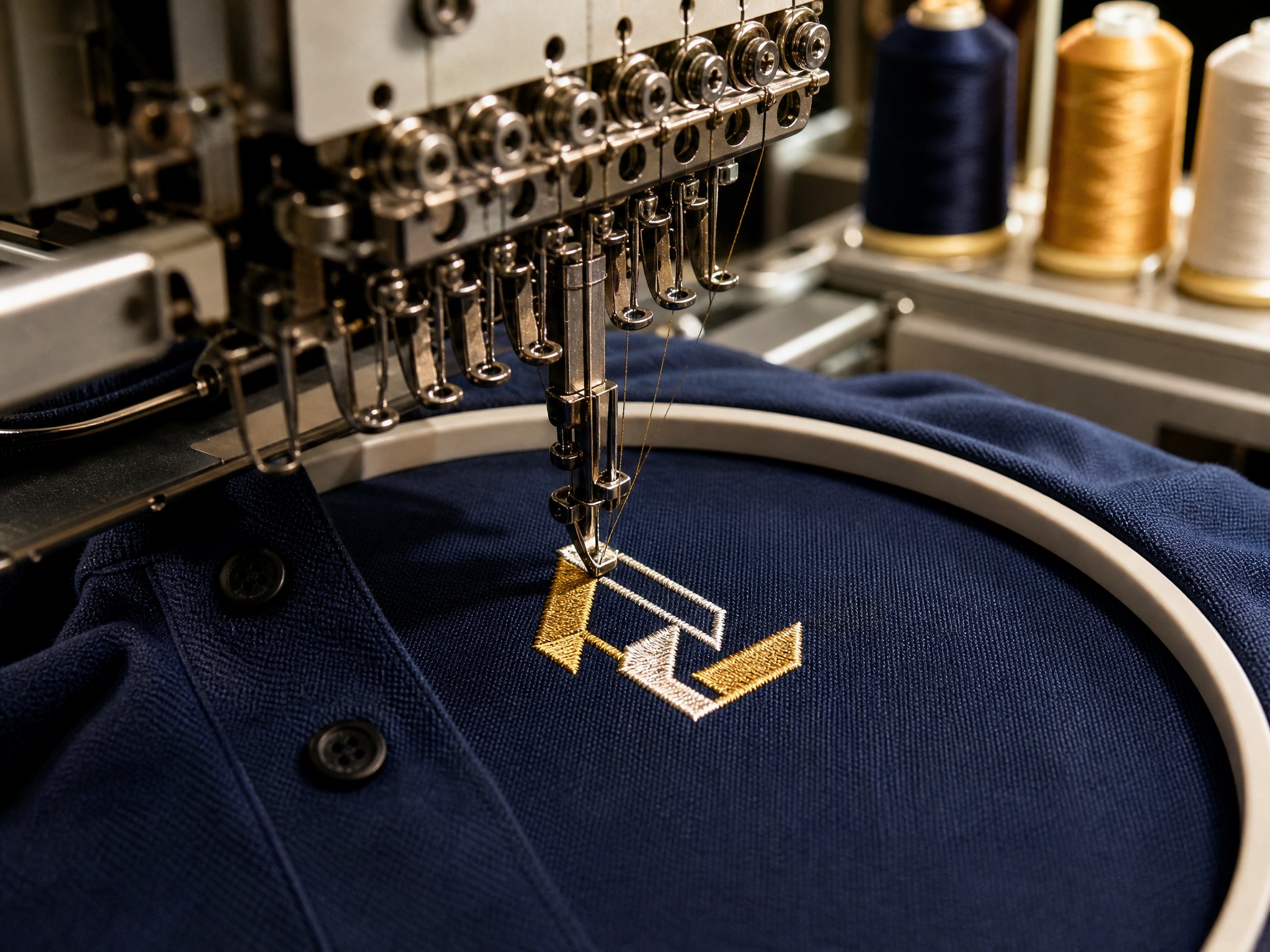 Embroidery machine stitching an emblem in gold onto a navy polo shirt