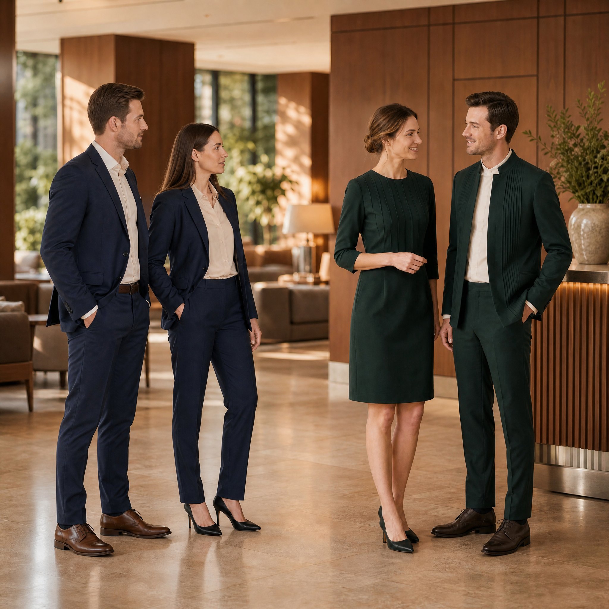 Two paths, one system: two team members in the navy Everyone collection next to two team members in an individually designed fir-green line