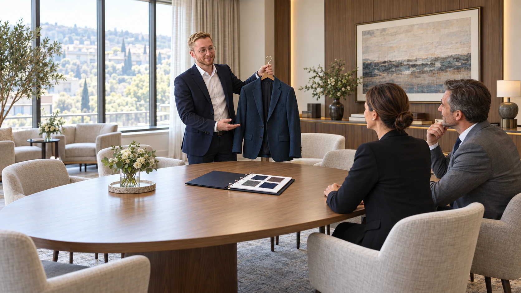 Consultation at Rompe Design: a consultant presenting a navy jacket to two clients, with a folder of fabric swatches on the table